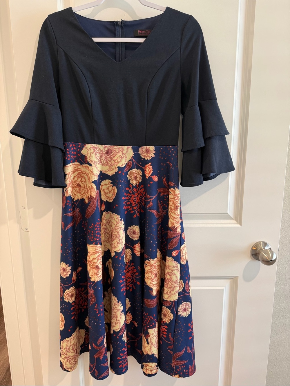 Navy and Gold Floral Fit & Flare Dress